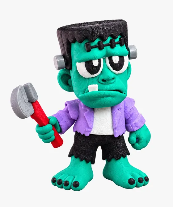 Flexito Frankenstein verde com casaco lilás e martelo vermelho