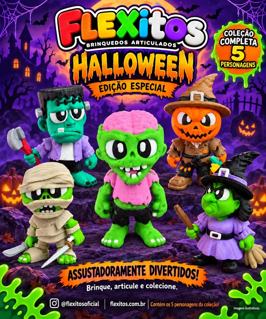 Cartaz Flexitos Halloween Edição Especial com os 5 personagens